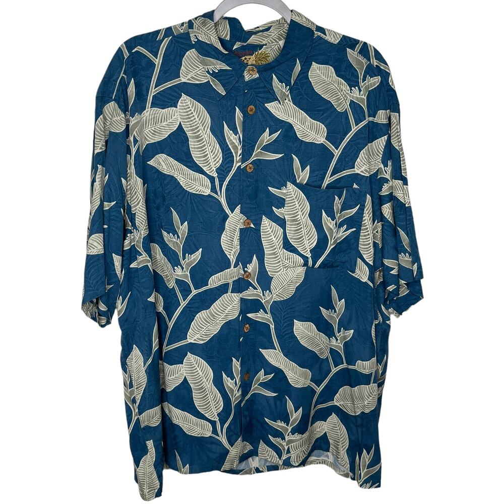 Caribbean Men's Silk Hawaiian Shirt Blue with Palm Leaves Size XL
